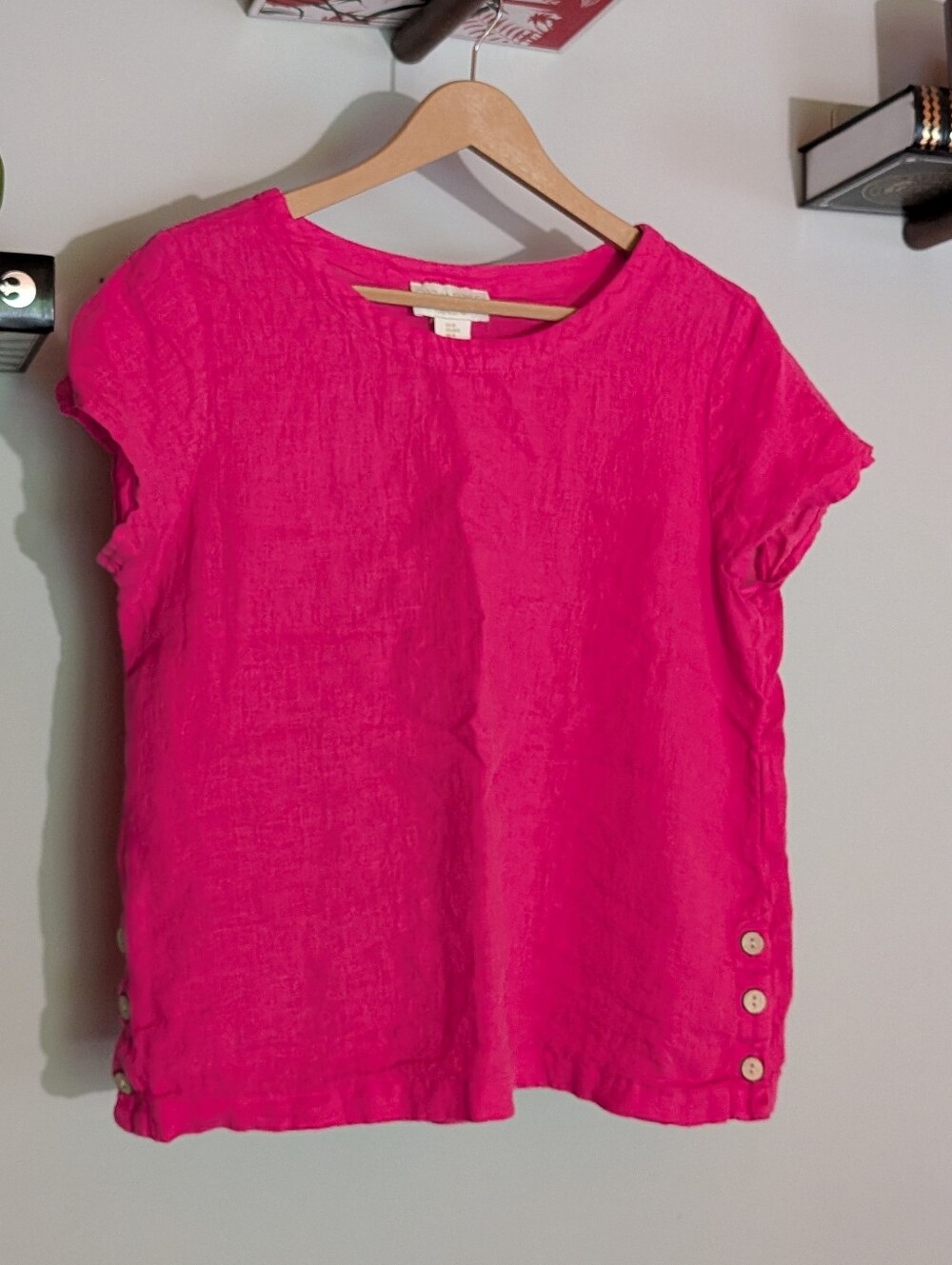 Cynthia Rowley 100% Linen Hot Pink Side-Button Top - Medium